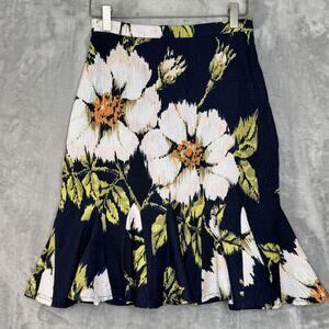 Eva Franco Skirt Womens 4 Navy Floral Flounce Hem Textured Trumpet Zip NEW